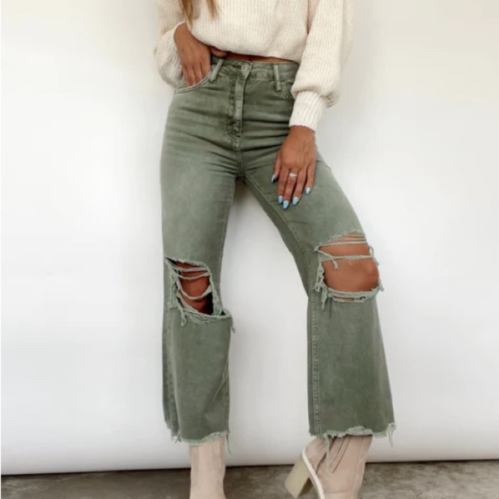 Vervet Super High Rise 90s Vintage Crop Flare Jeans - Mallard Green